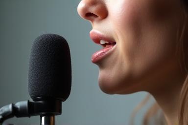 Person speaking clearly into a microphone.
