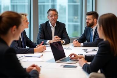 Professionals in a business meeting discussing.