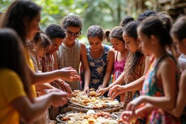 Diverse group participating in a cultural activity.