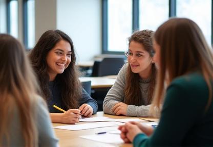 Small group of students having a discussion.