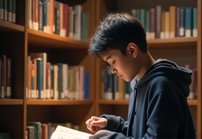 Student reading a book in the language center library.