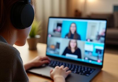 Student engaging in an online language class on a laptop.