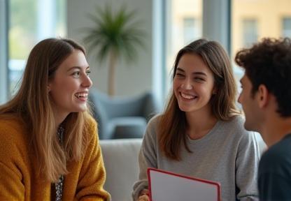 Two students having a friendly conversation in a lounge area.